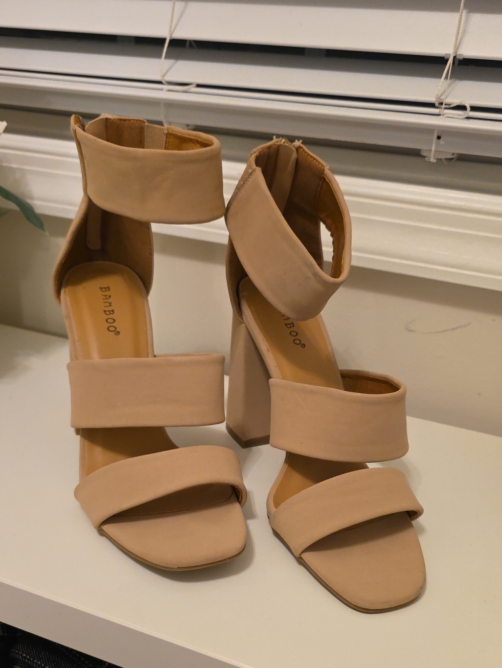 BAMBOO Blush Tan Block Heel Sandals with Ankle Cuff